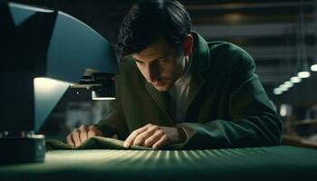 uma homem dentro uma verde casaco examinando uma documento ou carta ai gerado foto