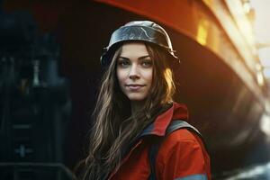 uma mulher dentro uma capacete em pé dentro frente do uma barco ai gerado foto