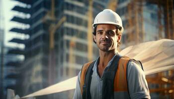 uma construção trabalhador dentro frente do uma construção vestindo uma Difícil chapéu ai gerado foto