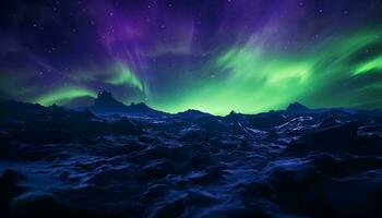 a vibrante cores do a noite céu iluminado de verde e roxa luzes ai gerado foto