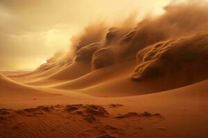 uma deserto panorama com rodopiando areia dentro a vento ai gerado foto
