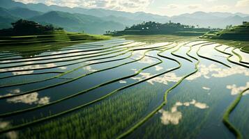 uma tirar o fôlego aéreo Visão do uma exuberante arroz campo cercado de majestoso montanhas ai gerado foto