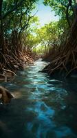 uma sereno rio fluindo através uma vibrante verde floresta ai gerado foto