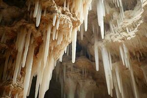 pingentes de gelo suspensão a partir de a teto do uma caverna ai gerado foto