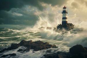 uma majestoso farol em pé Forte no meio a enfurecido ondas do uma tormentoso oceano ai gerado foto