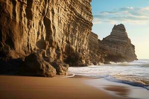 uma pitoresco de praia com uma deslumbrante rochoso penhasco pano de fundo ai gerado foto