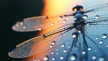 uma libélula com brilhante água gotas em Está asas ai gerado foto