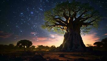 uma solitário árvore debaixo uma estrelado noite céu dentro a aberto campo ai gerado foto