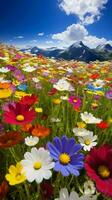 uma vibrante campo do colorida flores debaixo uma Claro azul céu ai gerado foto