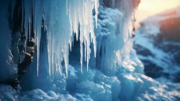 pingentes de gelo suspensão a partir de a lado do uma majestoso montanha ai gerado foto