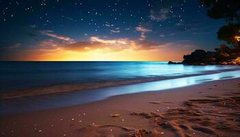 uma sereno de praia às noite debaixo uma estrelado céu ai gerado foto