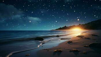 uma hipnotizante estrelado noite em uma lindo de praia ai gerado foto