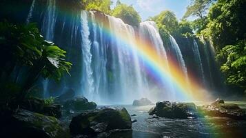 uma majestoso cascata com uma vibrante arco Iris em cascata através isto ai gerado foto