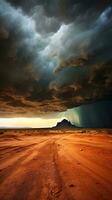 uma deserto estrada debaixo uma dramático nublado céu ai gerado foto