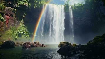 uma majestoso cascata com uma vibrante arco Iris abrangendo Está em cascata águas ai gerado foto