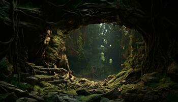 uma sereno floresta túnel cercado de alta árvores ai gerado foto