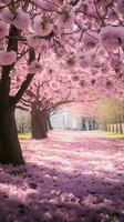 uma florescendo parque com vibrante Rosa flores cobertura a árvores ai gerado foto