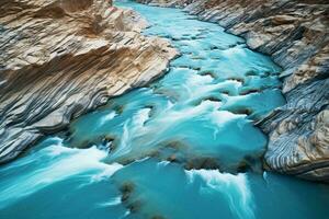 uma cênico rio fluindo através uma majestoso desfiladeiro com imponente rochoso falésias ai gerado foto