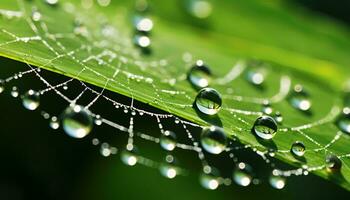 água gotas brilhante em uma vibrante verde folha ai gerado foto