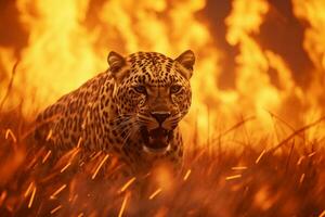uma leopardo dentro uma gramíneo campo com uma dramático fogo dentro a fundo ai gerado foto