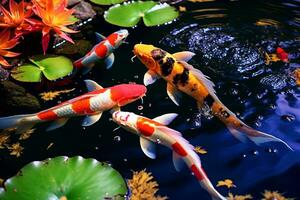 uma vibrante escola do koi peixe graciosamente natação dentro uma sereno lagoa ai gerado foto