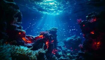 uma vibrante coral recife com raios do luz solar iluminador a embaixo da agua mundo ai gerado foto