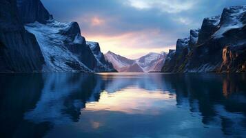 uma sereno lago aninhado entre majestoso montanhas ai gerado foto