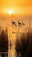 uma sereno cena com uma grupo do patos pacificamente flutuando em uma calma lago ai gerado foto