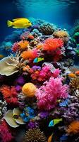 uma vibrante coral recife abundante com diverso e colorida peixe ai gerado foto