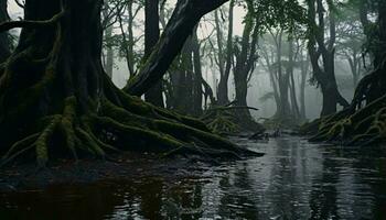 uma sereno corrente fluindo através uma exuberante floresta panorama ai gerado foto