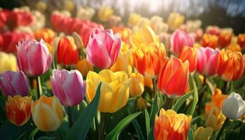 uma vibrante campo do tulipas aquecendo dentro a luz solar ai gerado foto