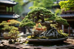 uma sereno bonsai árvore e Banco dentro uma pacífico jardim configuração ai gerado foto