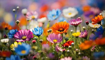 uma vibrante campo do flores contra uma Claro azul céu ai gerado foto