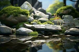 uma sereno lagoa com natural pedras e vibrante aquático plantas ai gerado foto