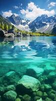 uma deslumbrante reflexão do uma majestoso montanha alcance dentro a calma águas do uma pitoresco lago ai gerado foto