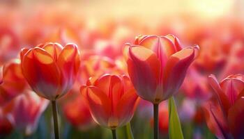 uma vibrante campo do vermelho e Rosa tulipas iluminado de a dourado luz solar ai gerado foto
