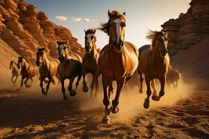 uma rebanho do selvagem cavalos galopando através a grande deserto panorama ai gerado foto