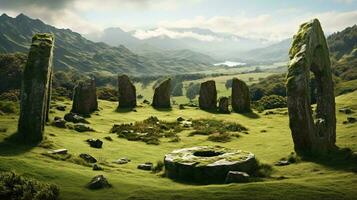 uma lindo gramíneo campo com pedras dentro a primeiro plano ai gerado foto