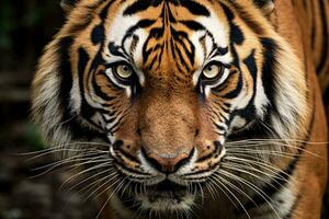 uma majestoso tigre encarando diretamente às a Câmera ai gerado foto