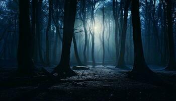 uma denso e misterioso floresta com imponente árvores ai gerado foto