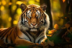 uma majestoso tigre em repouso entre a vibrante folhagem ai gerado foto