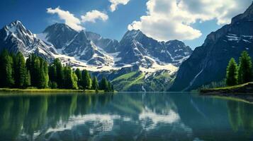 uma tirar o fôlego panorama pintura capturando a serenidade do uma montanha alcance refletindo em uma tranquilo lago ai gerado foto