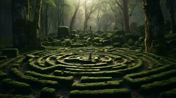uma deslumbrante circular Labirinto aninhado dentro a coração do uma exuberante floresta ai gerado foto