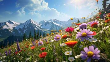 uma campo do colorida flores com montanhas dentro a fundo ai gerado foto