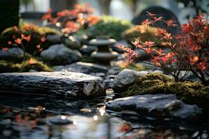uma lagoa com pedras e plantas ai gerado foto