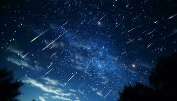 uma estrelado noite céu com árvores ai gerado foto