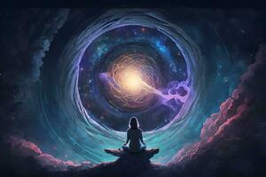 ioga meditação dentro lótus pose com aura espiritual. neural rede ai gerado foto