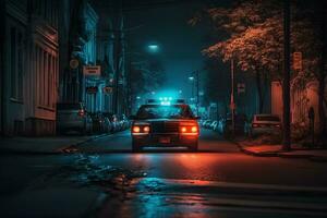 polícia carro dentro uma chuvoso noite cidade. neural rede ai gerado foto