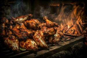 saboroso frango pernas e asas em a grade com fogo chamas. neural rede ai gerado foto