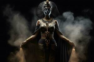 egípcio deusa em Preto fundo. neural rede ai gerado foto